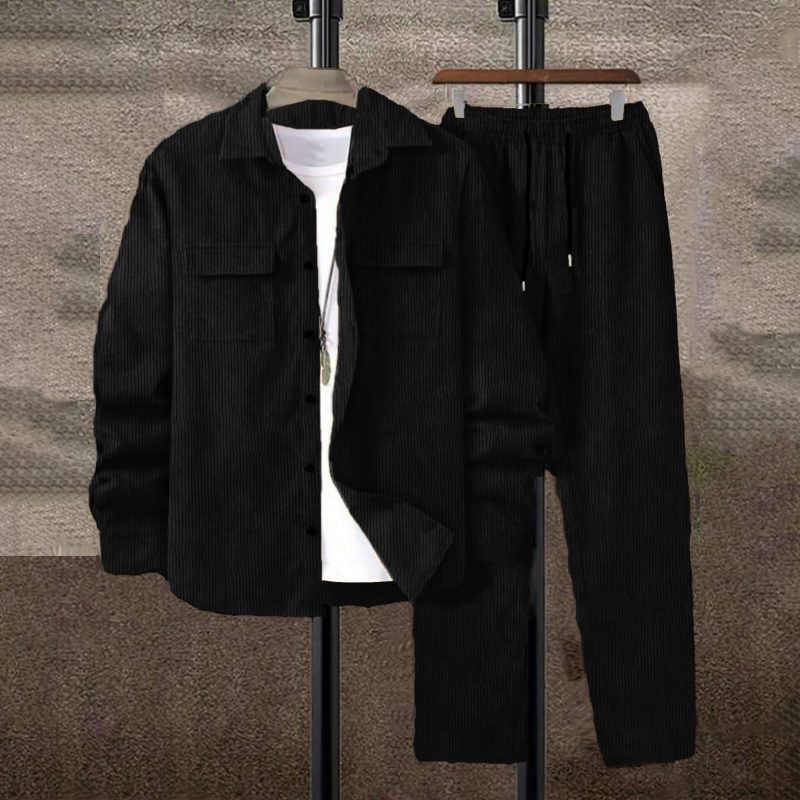 Men's suit Solid color corduroy suit Long sleeve shirt and pants casual suit - Image 7
