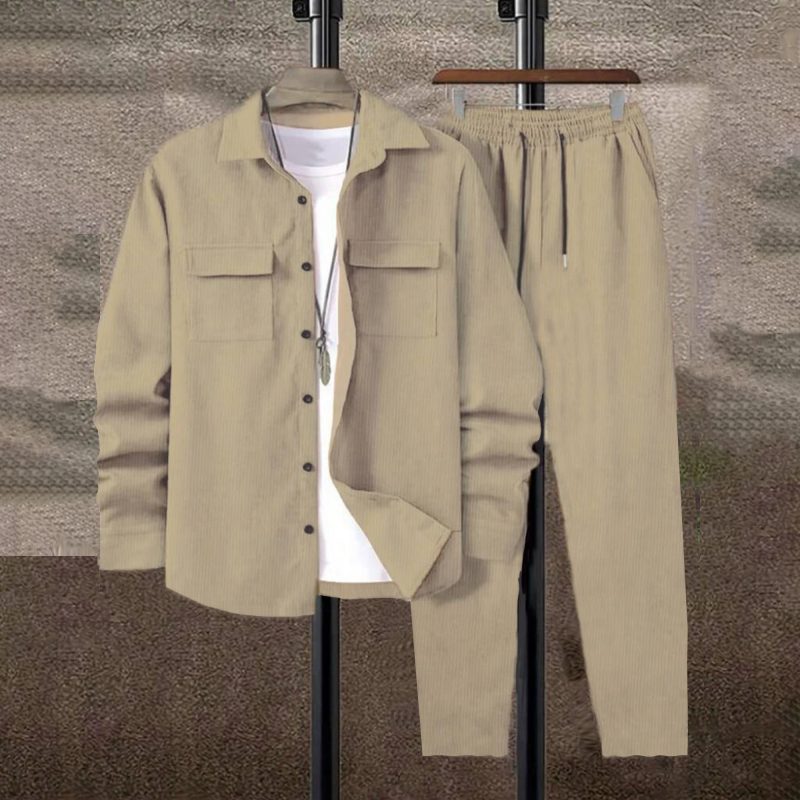 Men's suit Solid color corduroy suit Long sleeve shirt and pants casual suit - Image 8