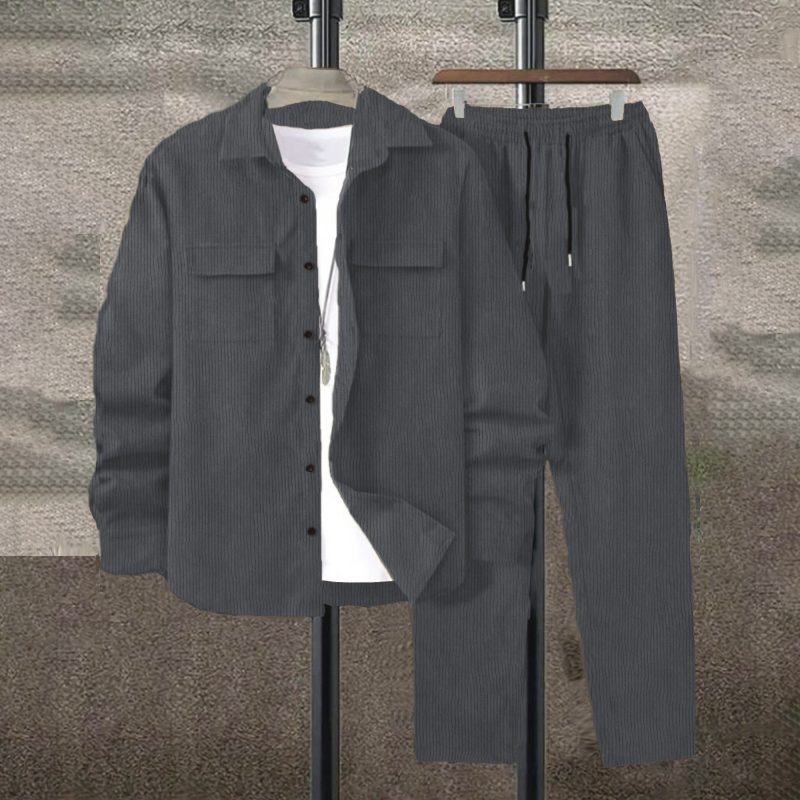 Men's suit Solid color corduroy suit Long sleeve shirt and pants casual suit - Image 9