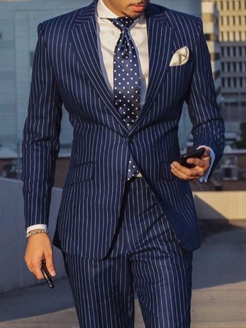 Navy Blue/Black Striped Men Suits Slim Fit Notch Lapel Single Breasted Wedding Groom Tuxedos 2 Piece Business Set (Jacket+Pants) - Image 2