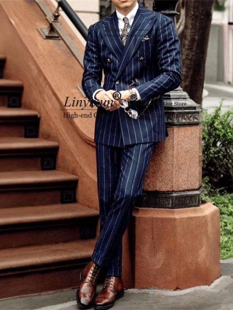 Customized Strip Men Suits Double Breasted Business Male Blazers Slim Fit Groom Tuxedos 2 Pieces Sets Terno Masculinos Completo
