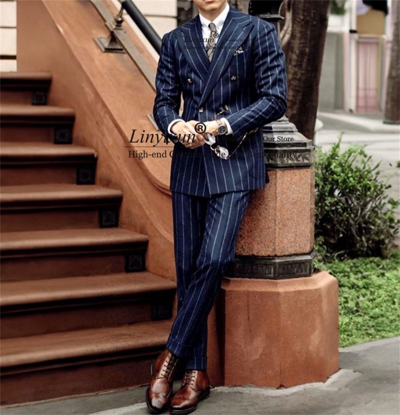 Customized Strip Men Suits Double Breasted Business Male Blazers Slim Fit Groom Tuxedos 2 Pieces Sets Terno Masculinos Completo