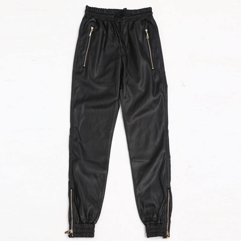 2209 Autumn Winter Motorcycle Jogger Pants Casual Pencil Harem Faux Leather Pants Men Zipper Elastic Waist Stretch PU Pants