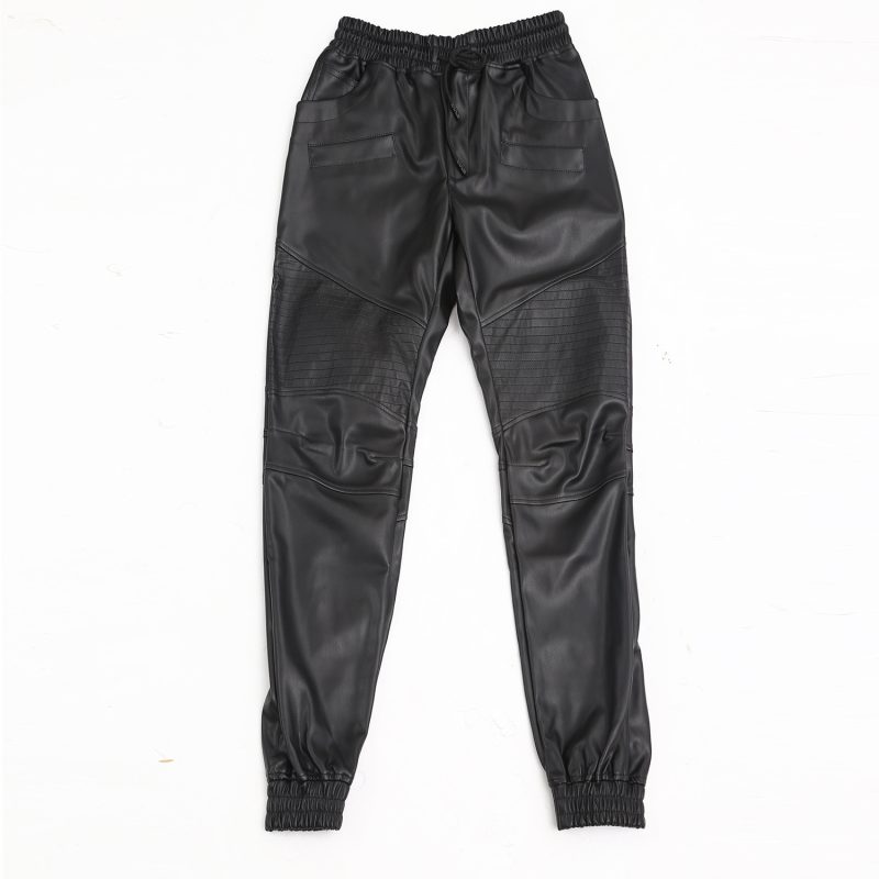 2209 Autumn Winter Motorcycle Jogger Pants Casual Pencil Harem Faux Leather Pants Men Zipper Elastic Waist Stretch PU Pants - Image 2