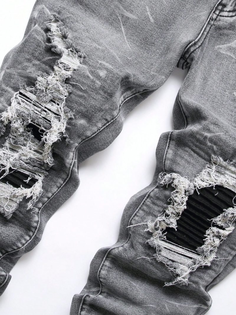 Men‘s Stretchy Denim Jeans Streetwear Tearing Patchwork Holes Ripped Denim Elastic Waist Casual Pants Slim fit Straight Trousers - Image 2