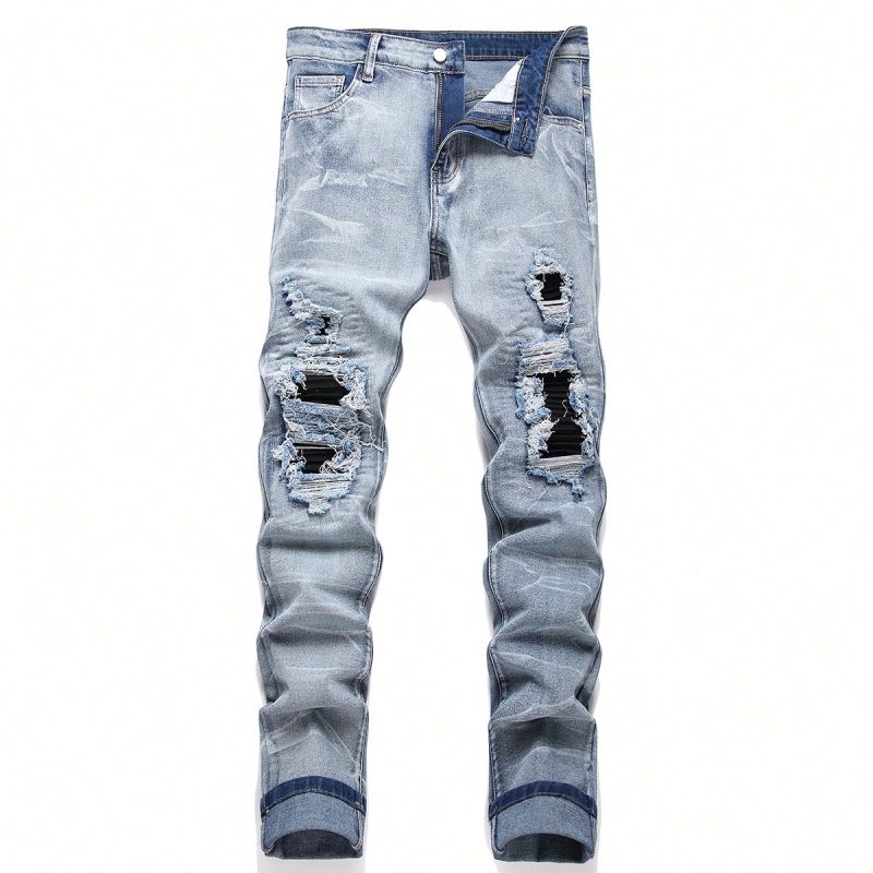 Men‘s Stretchy Denim Jeans Streetwear Tearing Patchwork Holes Ripped Denim Elastic Waist Casual Pants Slim fit Straight Trousers - Image 7