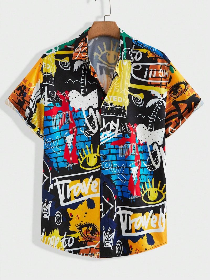 Men's Lapel Shirts Women's Irregular Pattern Print Design Casual Short Sleeve Button-Down Shirts Casual Tops