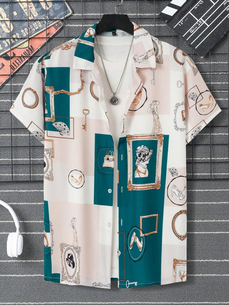 Men's Lapel Shirts Women's Irregular Pattern Print Design Casual Short Sleeve Button-Down Shirts Casual Tops - Image 6