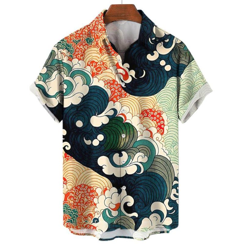 Shanhaijing Ukiyoe Waves and Clouds Printed Men's Short-sleeved Shirt Casual Daily Summer Fashion Street Trend Tops Oversized - Image 2