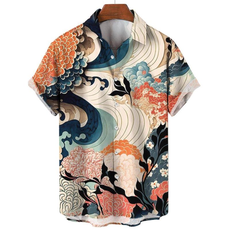 Shanhaijing Ukiyoe Waves and Clouds Printed Men's Short-sleeved Shirt Casual Daily Summer Fashion Street Trend Tops Oversized - Image 3