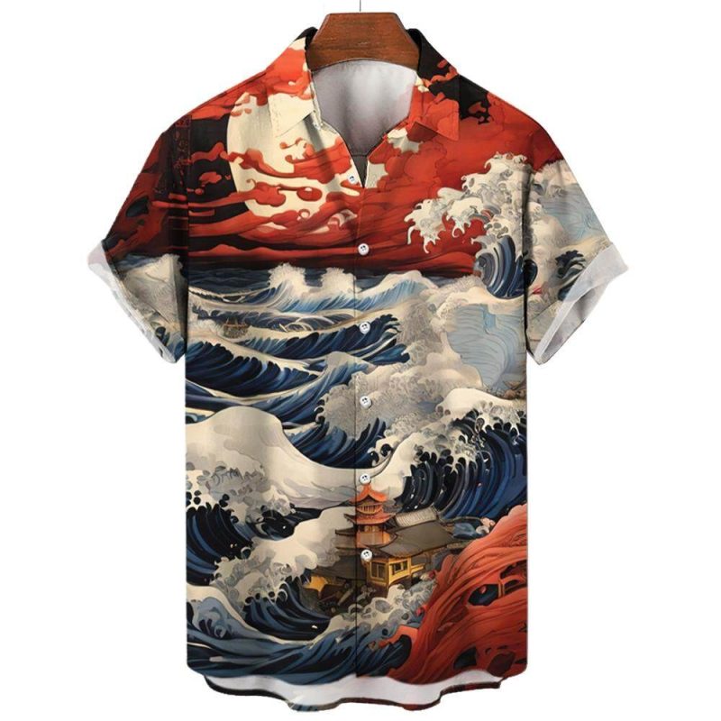 Shanhaijing Ukiyoe Waves and Clouds Printed Men's Short-sleeved Shirt Casual Daily Summer Fashion Street Trend Tops Oversized - Image 4