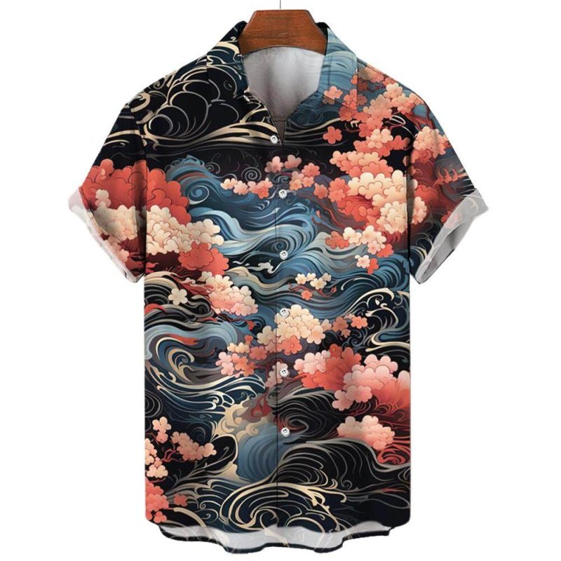 Shanhaijing Ukiyoe Waves and Clouds Printed Men's Short-sleeved Shirt Casual Daily Summer Fashion Street Trend Tops Oversized - Image 5