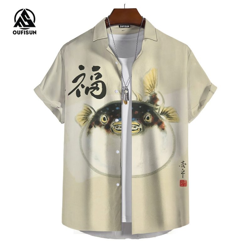 Summer Men's Short Sleeve Shirts Japanese Style Print Pattern Street Trend Men's Shirts Oversized Tops - Image 2