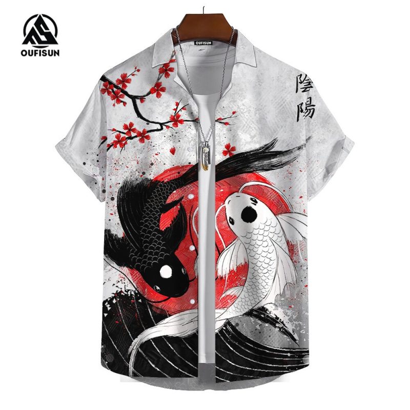 Summer Men's Short Sleeve Shirts Japanese Style Print Pattern Street Trend Men's Shirts Oversized Tops - Image 3