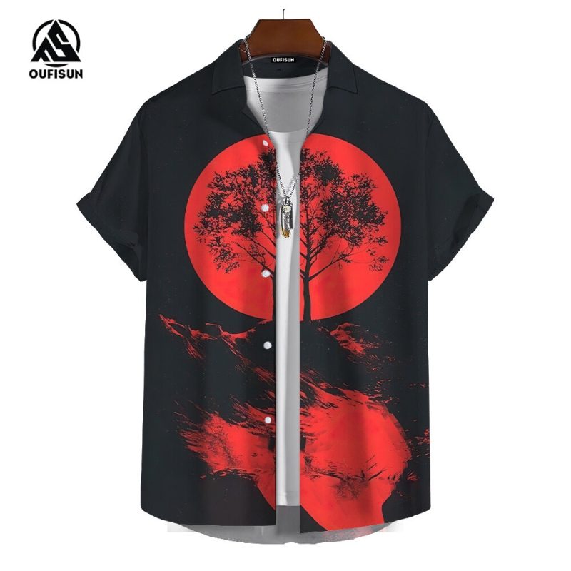 Summer Men's Short Sleeve Shirts Japanese Style Print Pattern Street Trend Men's Shirts Oversized Tops - Image 4