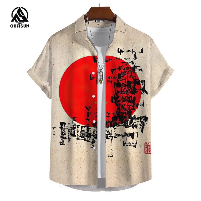 Summer Men's Short Sleeve Shirts Japanese Style Print Pattern Street Trend Men's Shirts Oversized Tops - Image 5