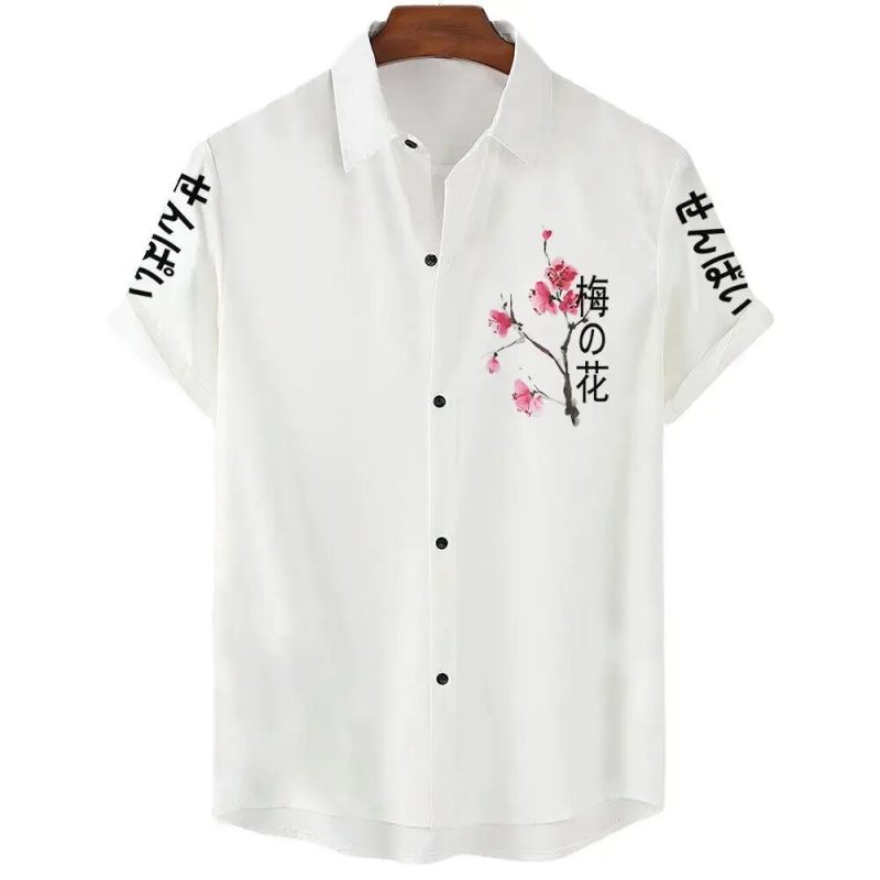 Summer Men's Shirt Floral Cherry Blossom Print Beach Vacation Daily Wear Men's Short-sleeved Shirt Oversized Tops Size S-5XL - Image 3