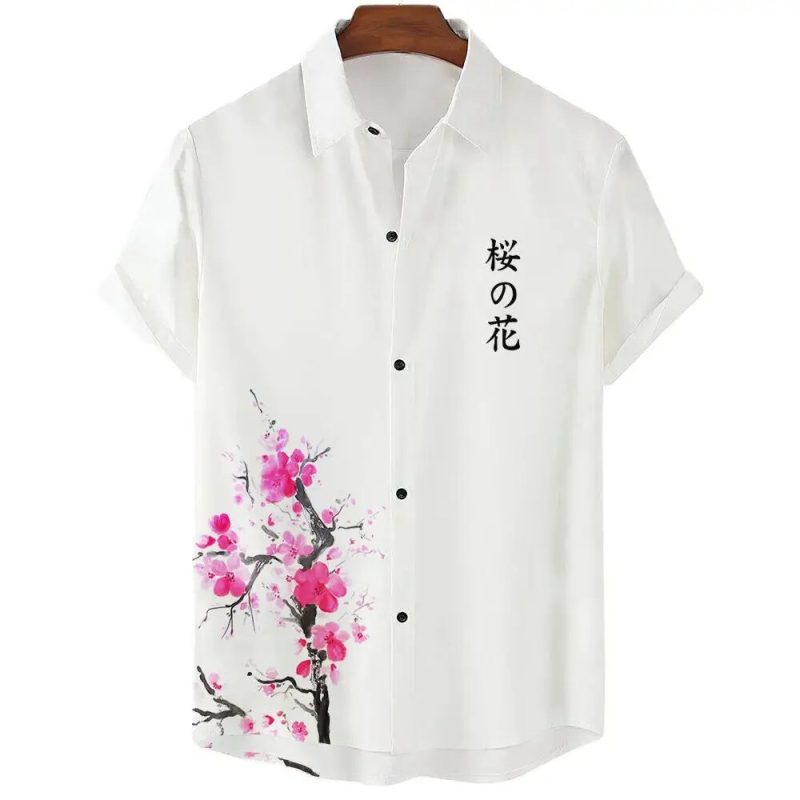 Summer Men's Shirt Floral Cherry Blossom Print Beach Vacation Daily Wear Men's Short-sleeved Shirt Oversized Tops Size S-5XL - Image 5