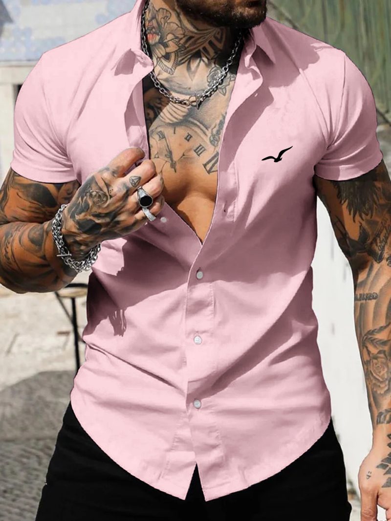 Men's short-sleeved shirt Muscle men's fitness shirt summer men's sports elastic breathable Slim show muscle short-sleeved shirt - Image 2