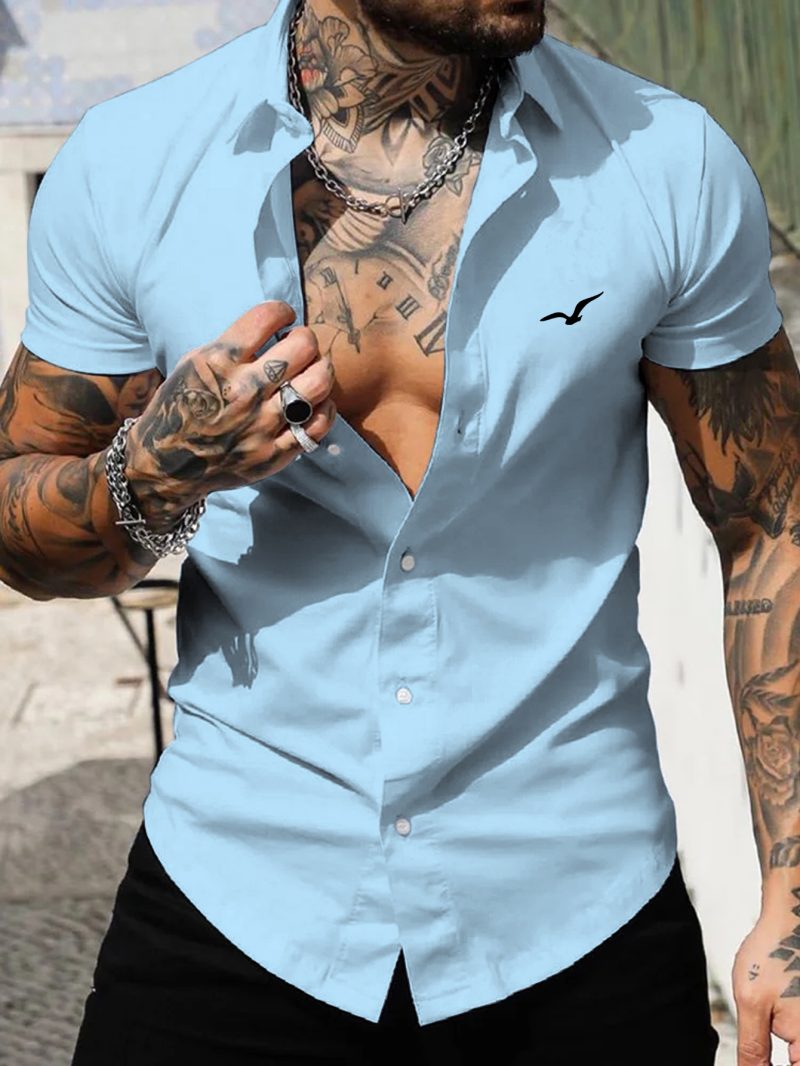 Men's short-sleeved shirt Muscle men's fitness shirt summer men's sports elastic breathable Slim show muscle short-sleeved shirt - Image 3