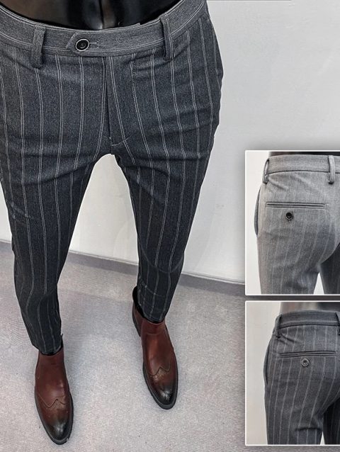 Men's Striped Suit Pants Elastic 2024 Autumn New Social Casual Trousers Slim Fit Suit Pants Business Office Wedding Men Clothing