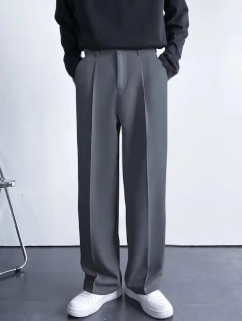 Spring Autumn Korean Style Men's Straight-leg Suit Pants Loose-fit Casual White Wide-leg Trousers Drag-ground Pants