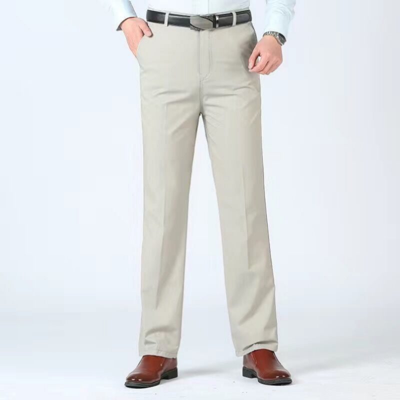 Summer Thin Autumn Thick 100% Cotton Straight Suit Pants Men's Loose Trousers Business Solid Gray Khaki Casual Brand Clothes - Image 2