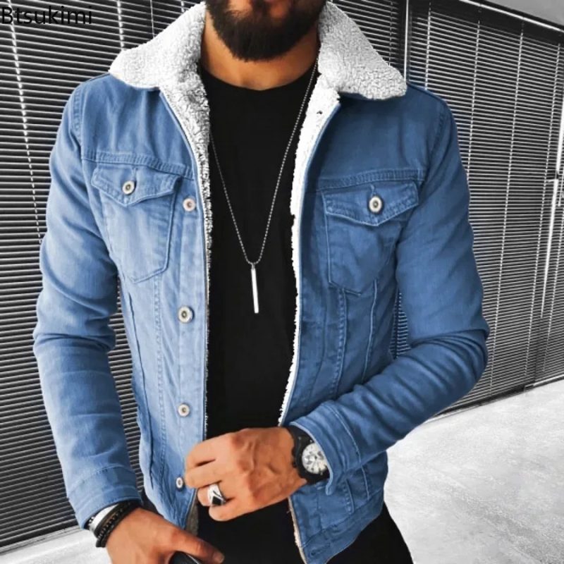 2025 Autumn Winter Men's Imitation Lamb Fleece Thickened Warm Denim Coats Plush Lapel Button Long Sleeve Denim Jackets for Men - Image 2