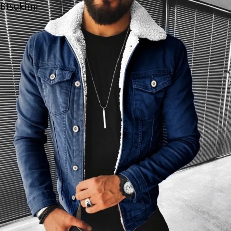 2025 Autumn Winter Men's Imitation Lamb Fleece Thickened Warm Denim Coats Plush Lapel Button Long Sleeve Denim Jackets for Men - Image 3