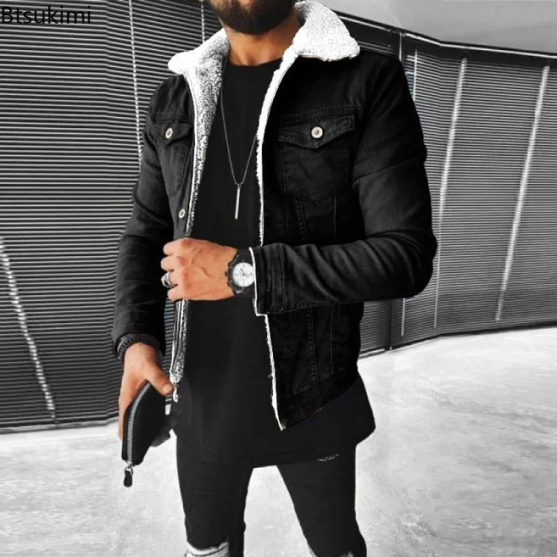 2025 Autumn Winter Men's Imitation Lamb Fleece Thickened Warm Denim Coats Plush Lapel Button Long Sleeve Denim Jackets for Men - Image 5