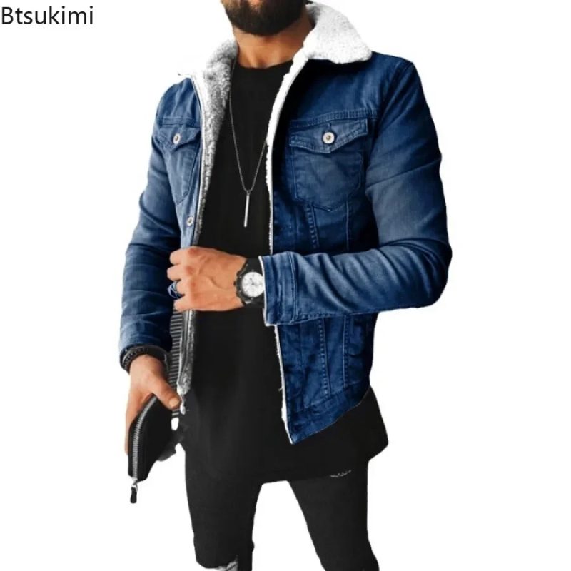 2025 Autumn Winter Men's Imitation Lamb Fleece Thickened Warm Denim Coats Plush Lapel Button Long Sleeve Denim Jackets for Men - Image 6