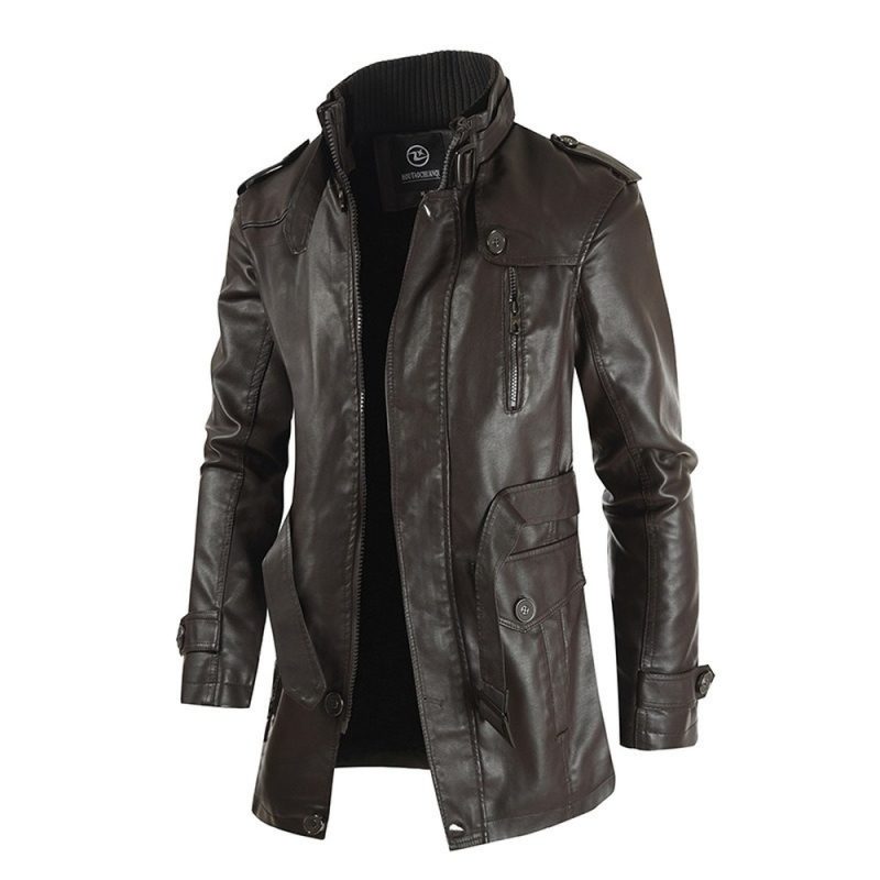 New High Quality Jacket Men's Street Windbreaker Coat Men Leather Clothing Thick Jacket Fleece Men Casual Jacket PU - Image 5