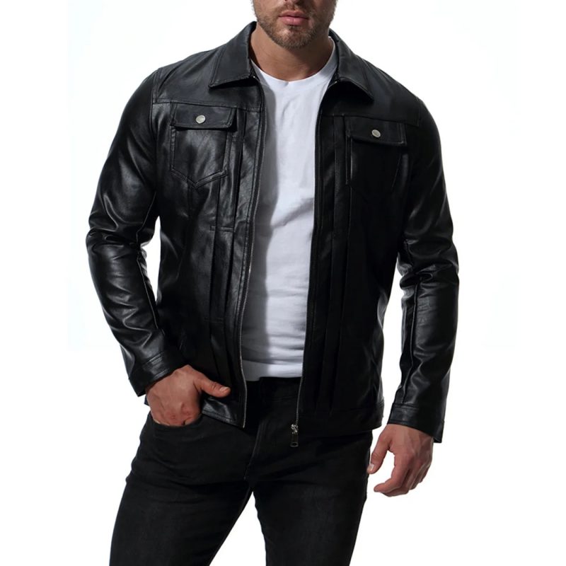 Autumn New European and American Fashion Water Wash Motorcycle Leather Coat with Polo Collar PU Leather Jacket Style Men's Coat