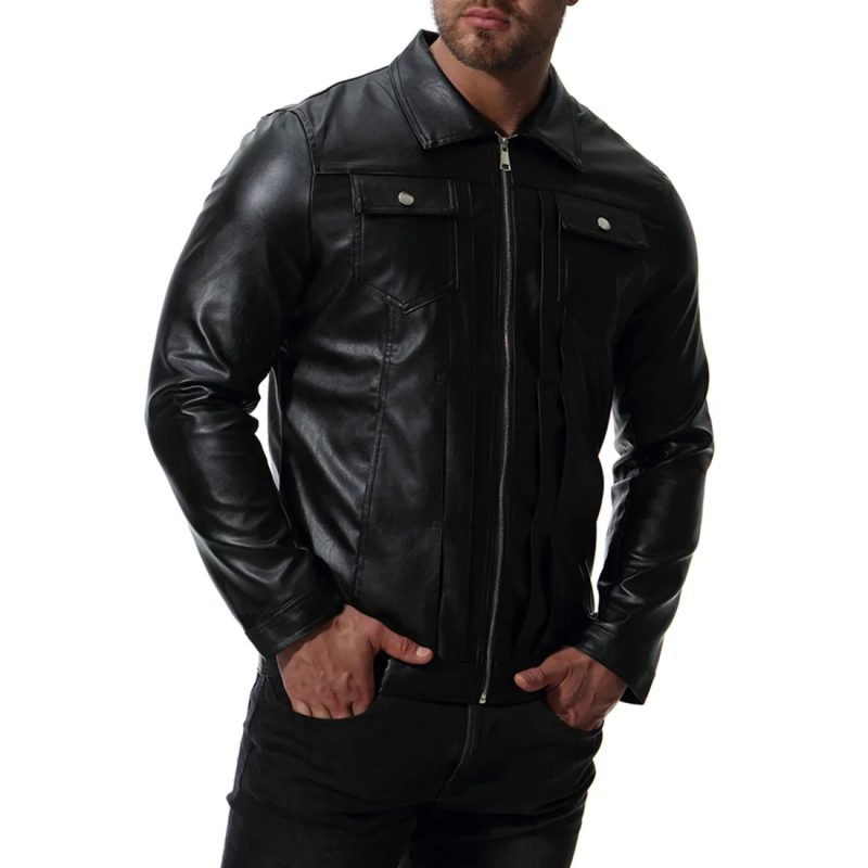 Autumn New European and American Fashion Water Wash Motorcycle Leather Coat with Polo Collar PU Leather Jacket Style Men's Coat - Image 2