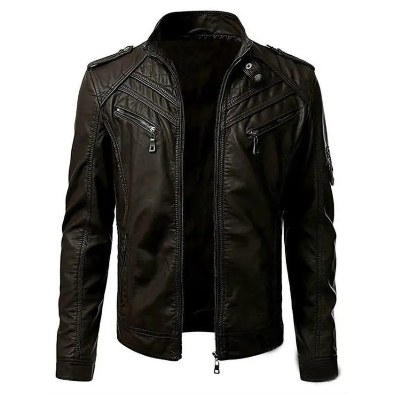 The new casual high-end fashion leather coat men sell European and American solid color handsome stand-up collar jacket - Image 9