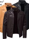 Autumn Mens Stand Collar Jacket Coat Black Leather Motorcycle Jacket Solid Color Zipper Streetwear Winter Warm Biker Jacket Men