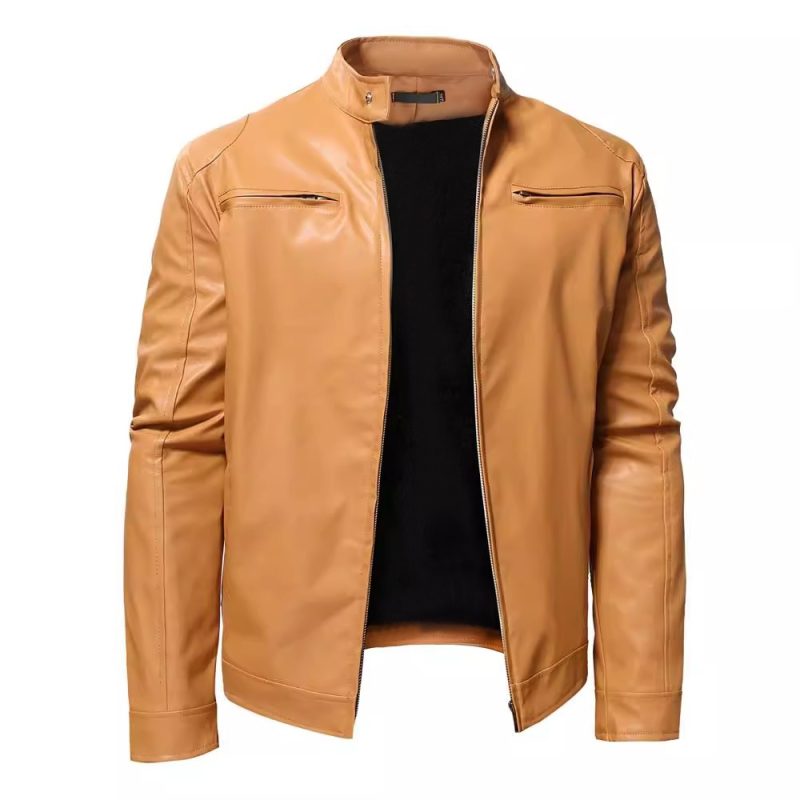 Autumn Mens Stand Collar Jacket Coat Black Leather Motorcycle Jacket Solid Color Zipper Streetwear Winter Warm Biker Jacket Men - Image 2