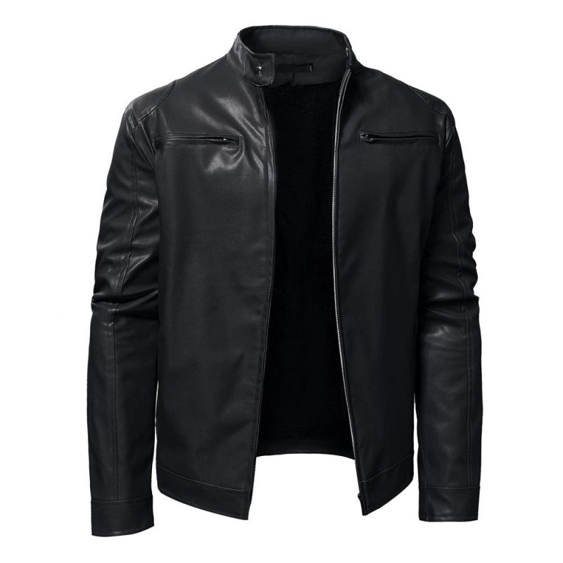 Autumn Mens Stand Collar Jacket Coat Black Leather Motorcycle Jacket Solid Color Zipper Streetwear Winter Warm Biker Jacket Men - Image 3