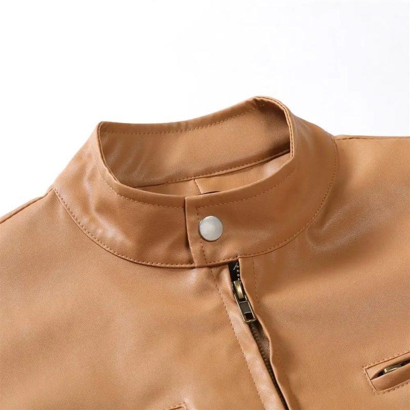 Autumn Mens Stand Collar Jacket Coat Black Leather Motorcycle Jacket Solid Color Zipper Streetwear Winter Warm Biker Jacket Men - Image 5