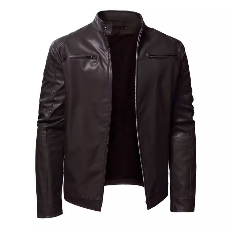 Autumn Mens Stand Collar Jacket Coat Black Leather Motorcycle Jacket Solid Color Zipper Streetwear Winter Warm Biker Jacket Men - Image 7