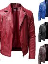 Men PU Leather Jacket Solid Color Casual Slim-Fit Zipper Long Sleeve Turn-Down Collar Motorcycle Leather JacketCoat Men Clothing