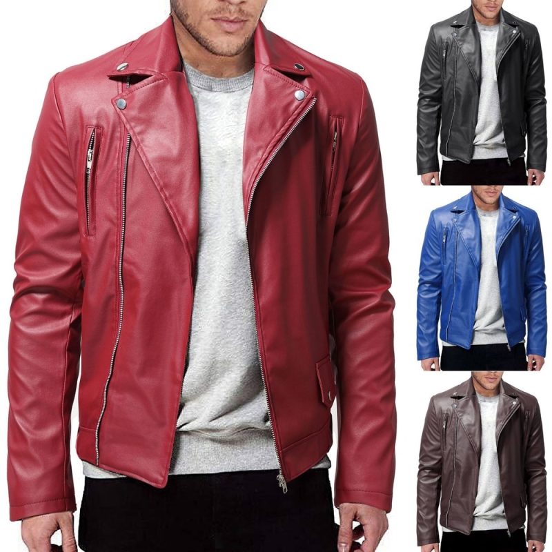 Men PU Leather Jacket Solid Color Casual Slim-Fit Zipper Long Sleeve Turn-Down Collar Motorcycle Leather JacketCoat Men Clothing - Image 2