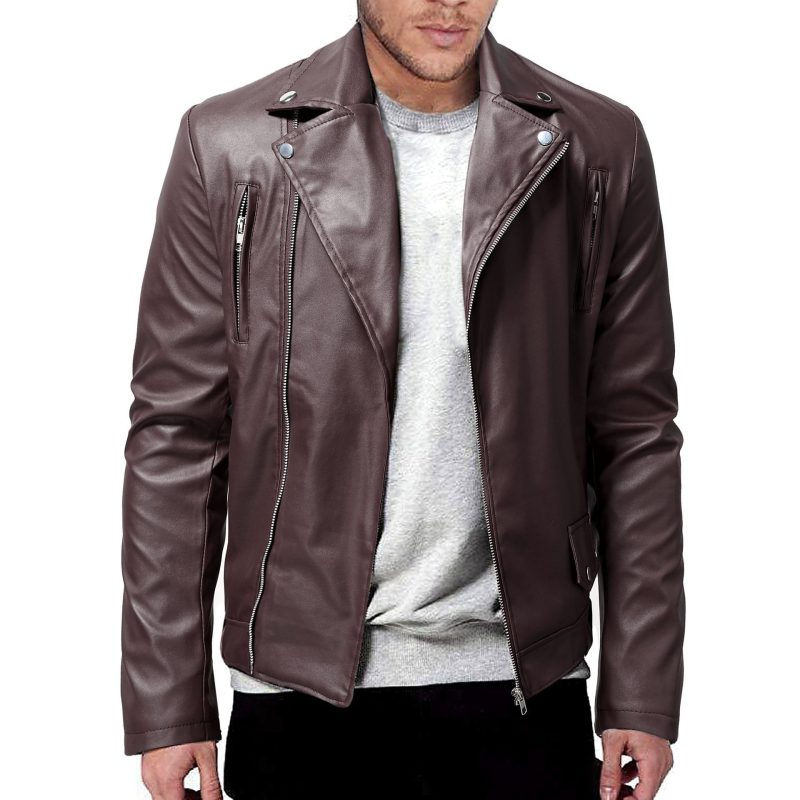 Men PU Leather Jacket Solid Color Casual Slim-Fit Zipper Long Sleeve Turn-Down Collar Motorcycle Leather JacketCoat Men Clothing - Image 7