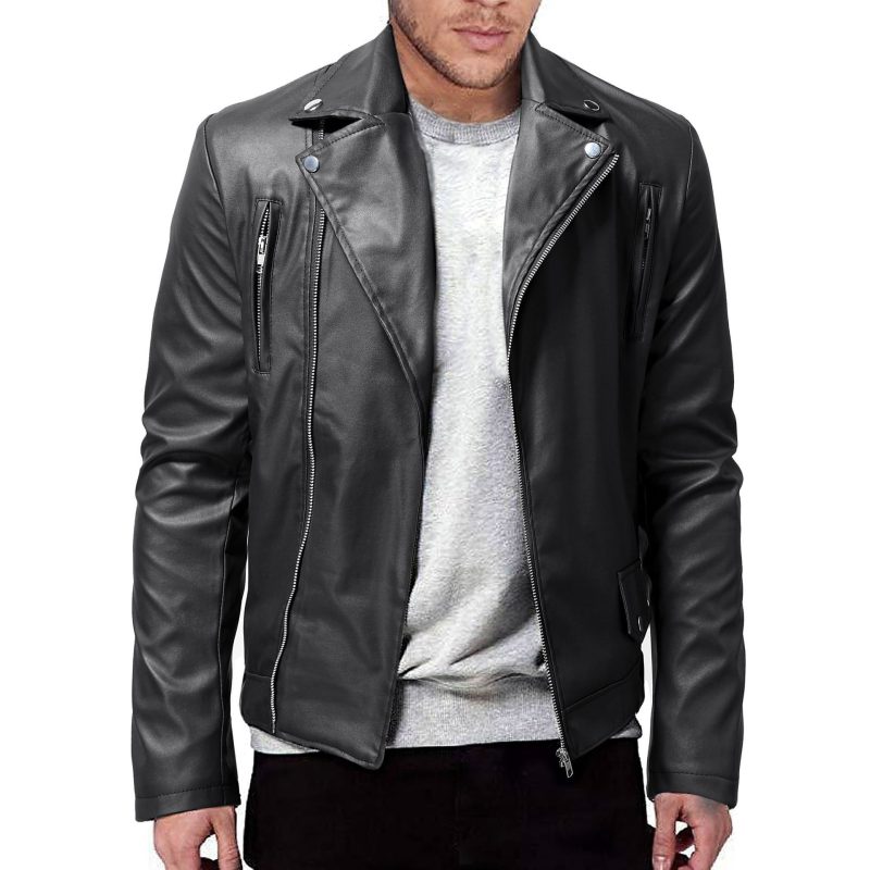 Men PU Leather Jacket Solid Color Casual Slim-Fit Zipper Long Sleeve Turn-Down Collar Motorcycle Leather JacketCoat Men Clothing - Image 8