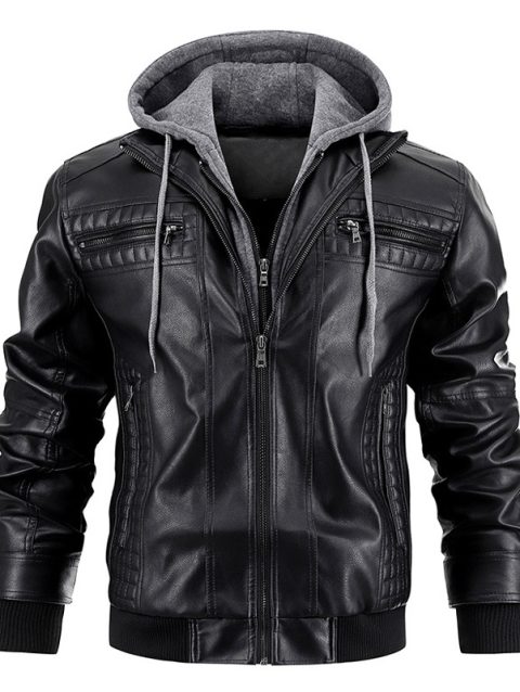 Men's PU Leather Jacket Hooded Motorcycle Slim Fit Casual Coats Men Autumn Winter Windproof Hat Detachable Biker Leather Outwear
