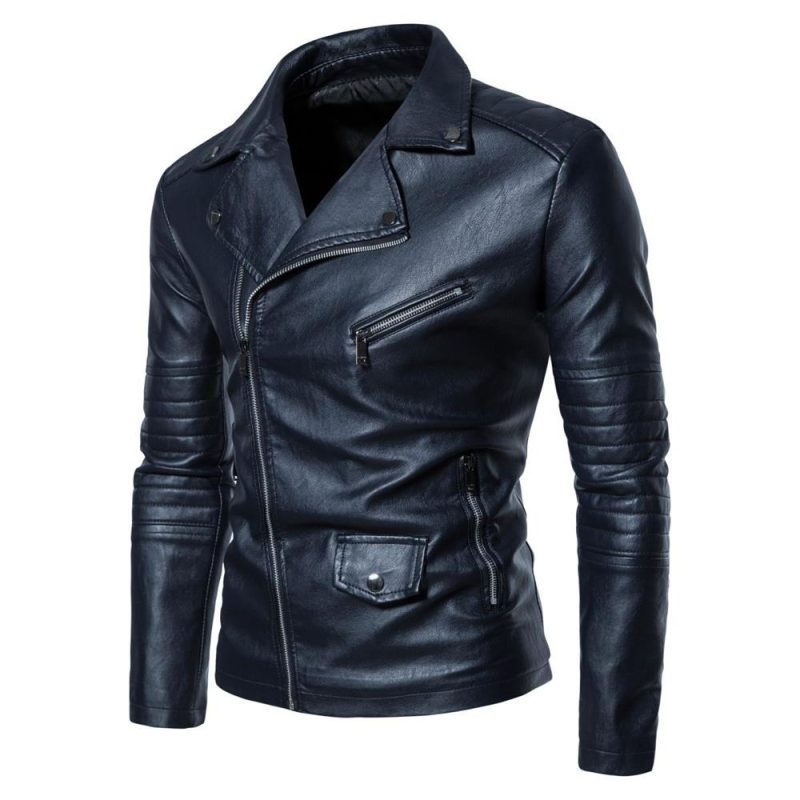 PU Leather Jacket Men Motorcycles Slim Turn Down Collar Fashion Zippers Men's Moto Biker Leather Outwear Coats Casual Jackets - Image 4