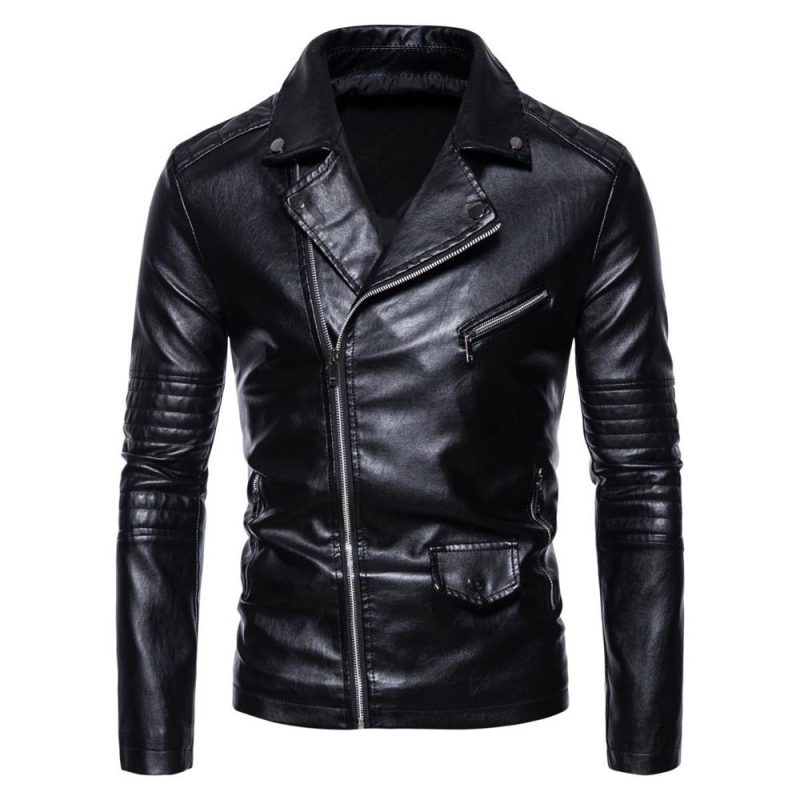 PU Leather Jacket Men Motorcycles Slim Turn Down Collar Fashion Zippers Men's Moto Biker Leather Outwear Coats Casual Jackets - Image 5