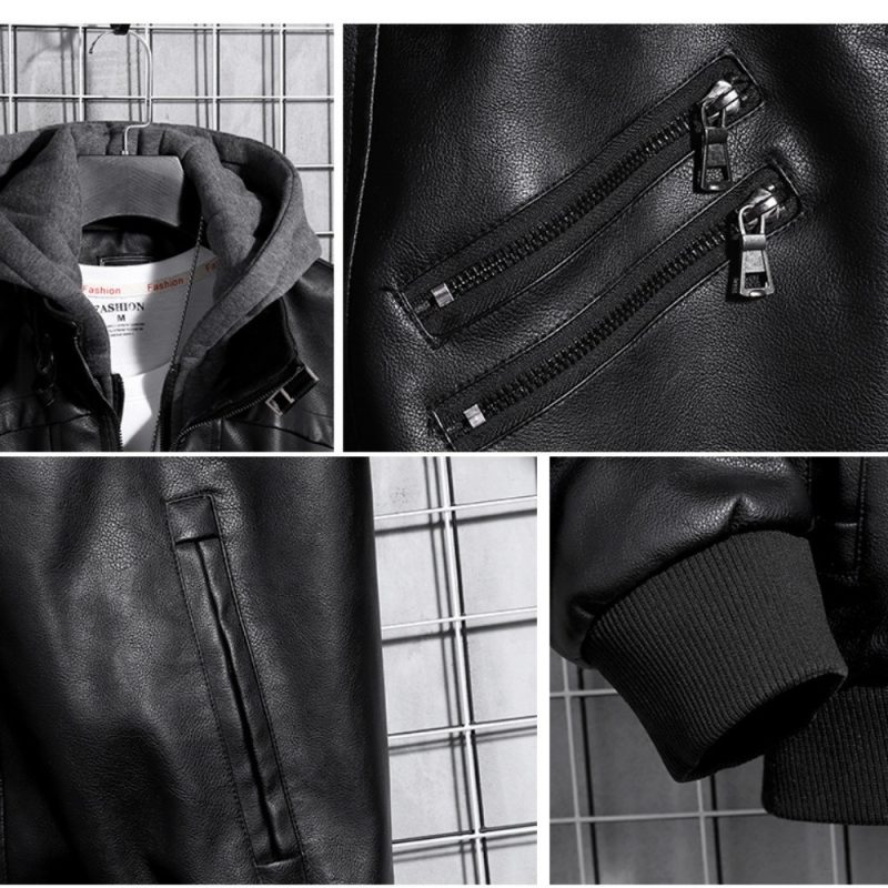 Hooded Leather Jacket Men's Jacket Winter PU Leather Coat Teenage Jackets Men's Motorcycle Leather Coat Harajuku - Image 4