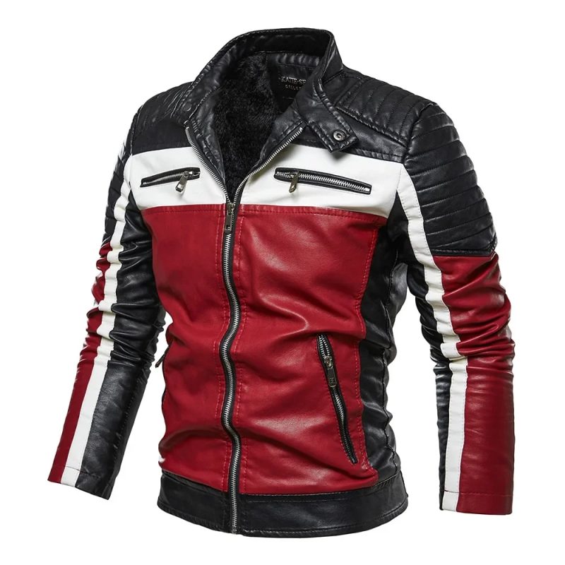 Jacket Slim Fit Fur Lined Outwear Coat Men Yellow Leather Jacket Patchwork Biker Jackets Casual Zipper Coat Male Motorcycle - Image 7