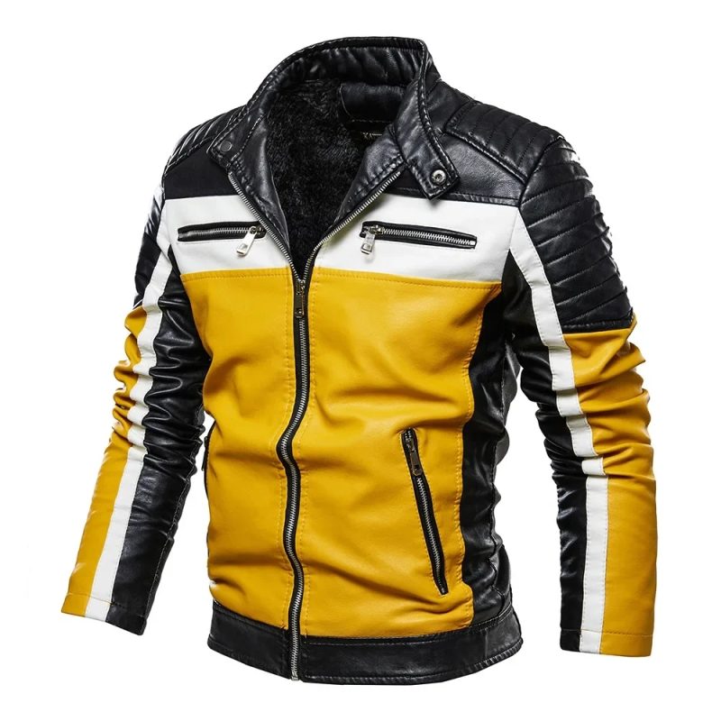 Jacket Slim Fit Fur Lined Outwear Coat Men Yellow Leather Jacket Patchwork Biker Jackets Casual Zipper Coat Male Motorcycle - Image 8